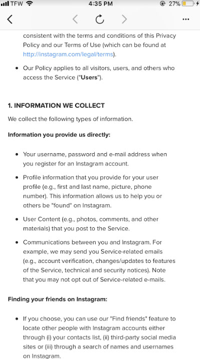 Instagram's mobile app Privacy Policy: Information We Collect clause