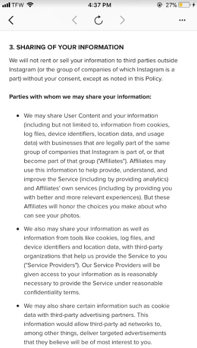 Instagram's mobile app Privacy Policy: Sharing of Your Information clause