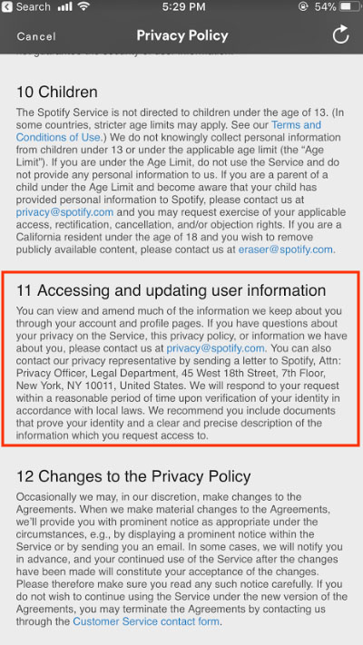 Spotify's mobile app Privacy Policy: Accessing and Updating User Information clause