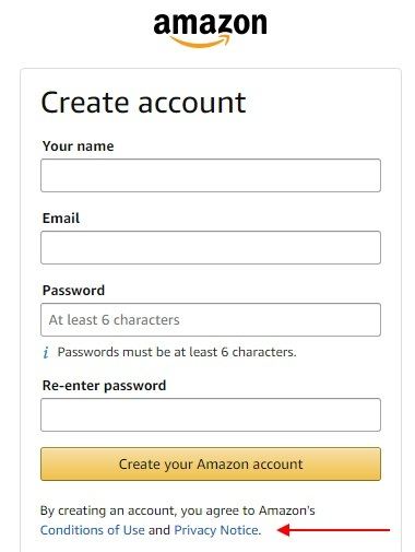 Amazon Create Account form with Privacy Notice highlighted