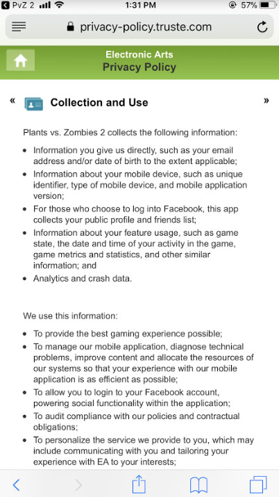 Plants vs. Zombies 2 mobile game app Privacy Policy: Collection and Use of information clause