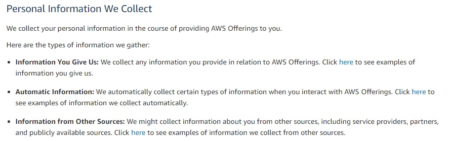 Amazon Web Services Privacy Policy: Personal Information We Collect clause