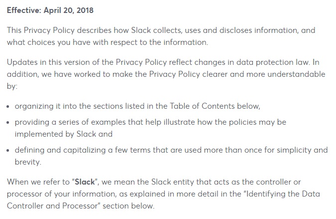 Slack Privacy Policy: Introduction clause