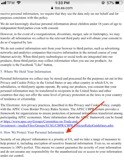 Electronic Arts mobile Privacy Policy: How We Protect Your Personal Information clause highlighted