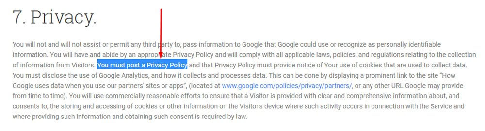 Google Analytics Terms of Service requires a Privacy Policy