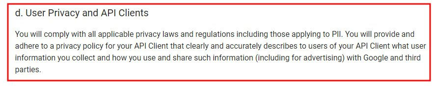 Google API Terms of Service User Privacy and API Clients Clause