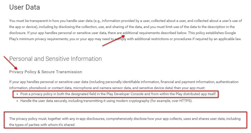 Privacy Policy requirement by Google Play Store