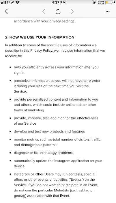 Instagram's mobile app Privacy Policy: How We Use Your Information clause