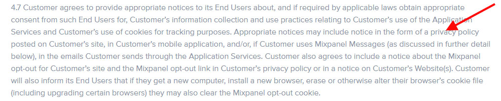 Mixpanel's Terms of Use requiring a Privacy notice for mobile apps