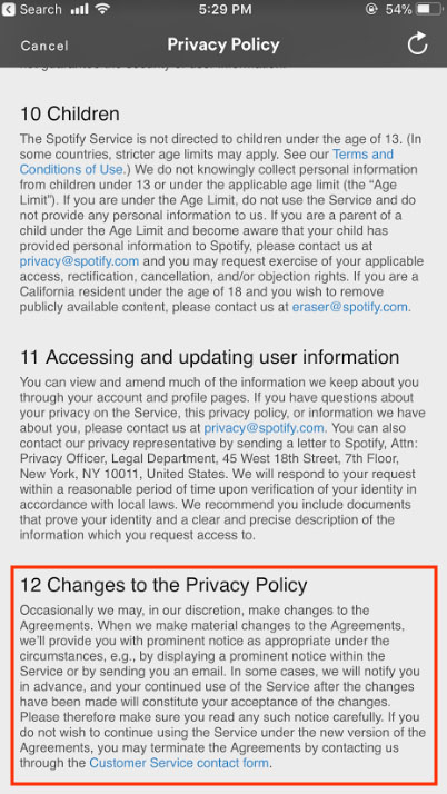 Spotify's mobile app Privacy Policy: Changes to the Privacy Policy clause