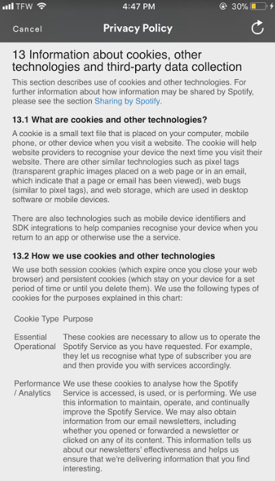 Spotify's mobile app Privacy Policy: Cookies clause
