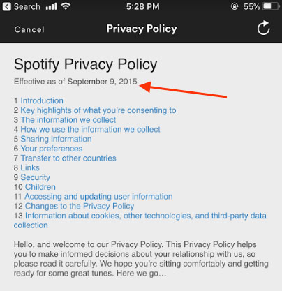 Spotify's mobile app Privacy Policy with the effective date highlighted