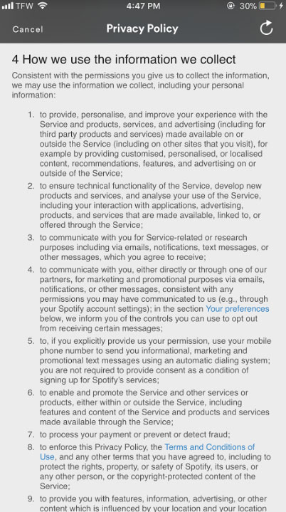 Spotify's mobile app Privacy Policy: How We Use the Information We Collect clause