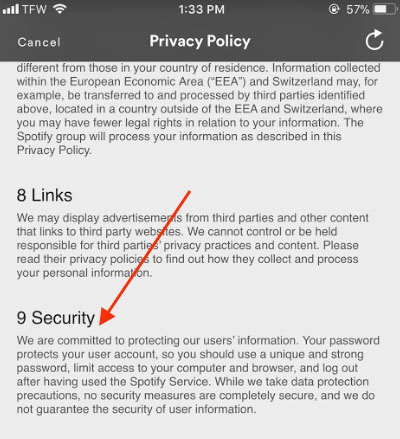 Spotify's mobile app Privacy Policy: Security clause