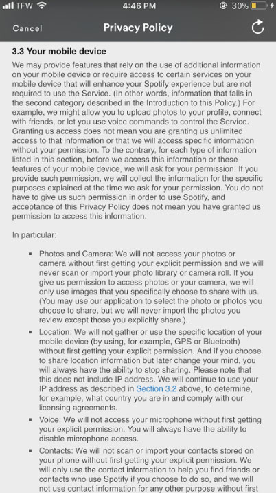 Spotify's mobile app Privacy Policy: Your Mobile Device clause