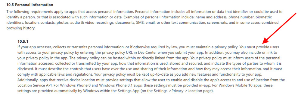 WIndows Phone Store' Privacy Policy requirement for mobile apps
