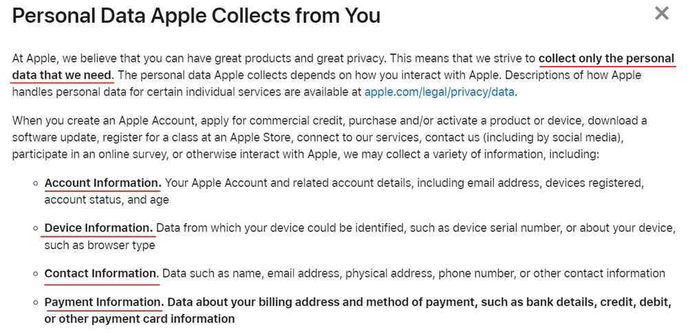 Apple Privacy Policy: Personal Data Apple Collects from You clause