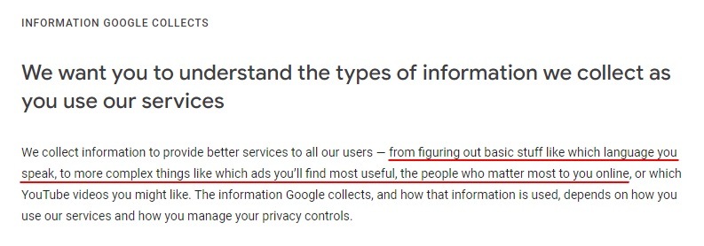 Google Privacy Policy: Information Google Collects clause