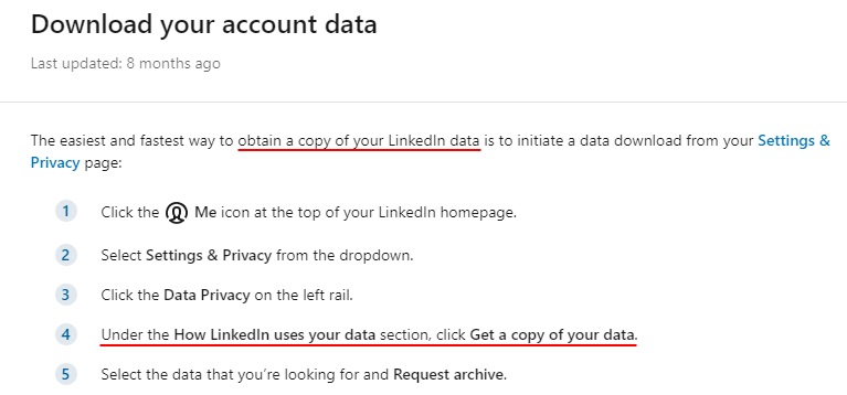 LinkedIn Download account data information