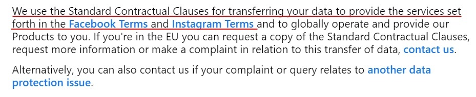 Meta Help Center: Standard Contractual Clauses section