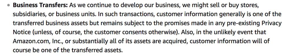 Amazon Privacy Policy: Business Transfers clause