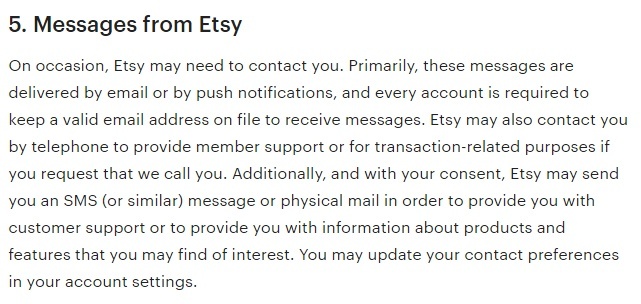Etsy Privacy Policy: Messages and communications clause