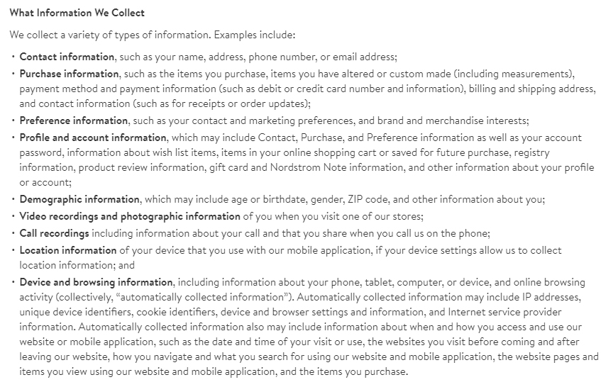 Nordstrom Privacy Policy: What Information We Collect clause