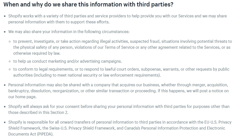Shopify Privacy Policy: When and why do we share this information with third parties clause