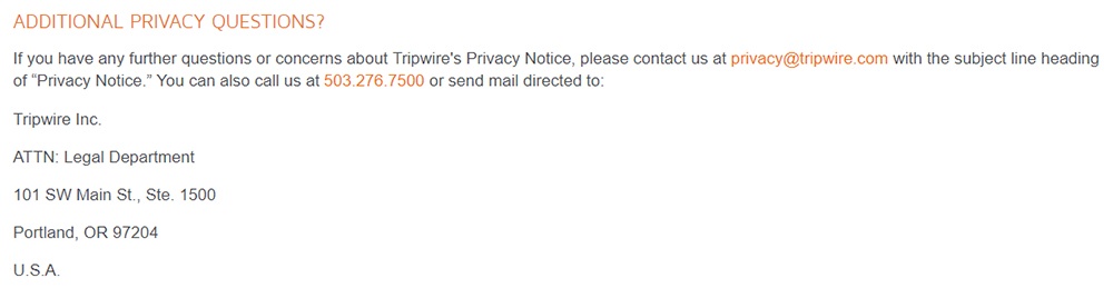 Tripwire Privacy Policy: Contact clause