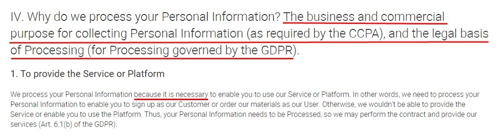 GetResponse Privacy Policy: Why do we process your Personal Information clause - To provide the Service or Platform section