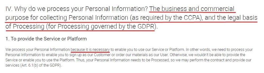 GetResponse Privacy Policy: Why do we process your Personal Information clause - To provide the Service or Platform section
