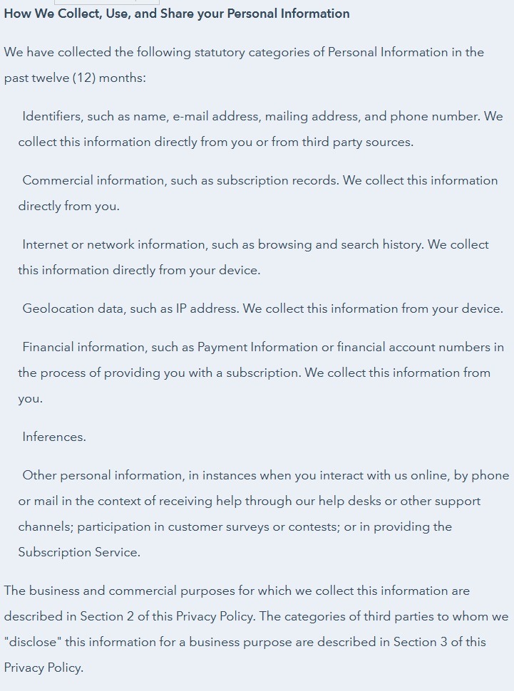 HubSpot Privacy Policy: How We Collect, Use and Share your Personal Information clause
