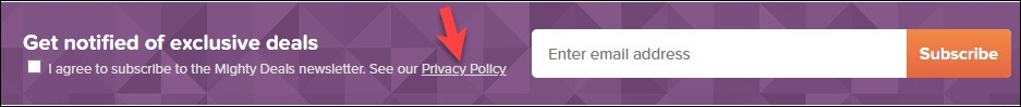 Mighty Deals email subscribe form with Privacy Policy link highlighted