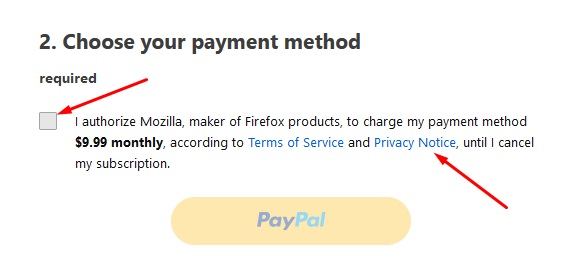 Mozilla Submit Payment form with checkbox and Privacy Notice link highlighted