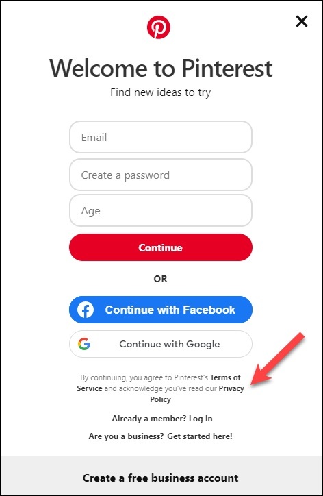Pinterest Create Account page with Privacy Policy link highlighted