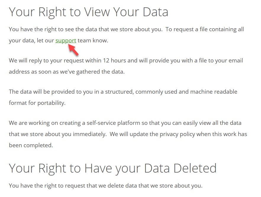 Thrive Themes Privacy Policy: Your Right to View and Delete Data sections