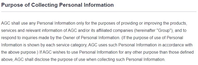 AGC Privacy Policy Purpose of Collection Personal Information