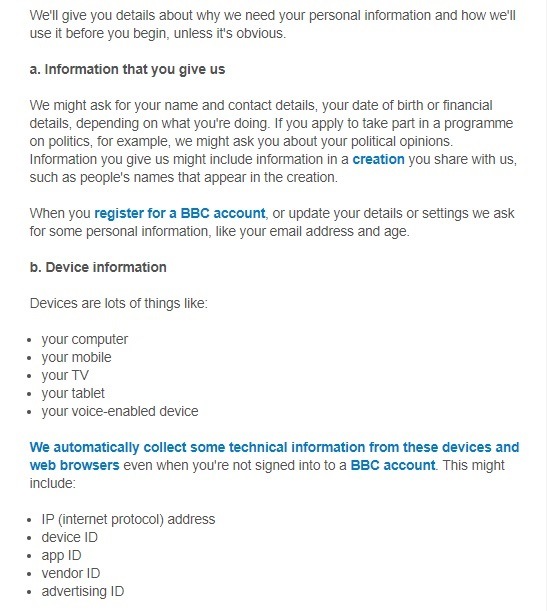 BBC Privacy Policy Personal Information collect screenshot