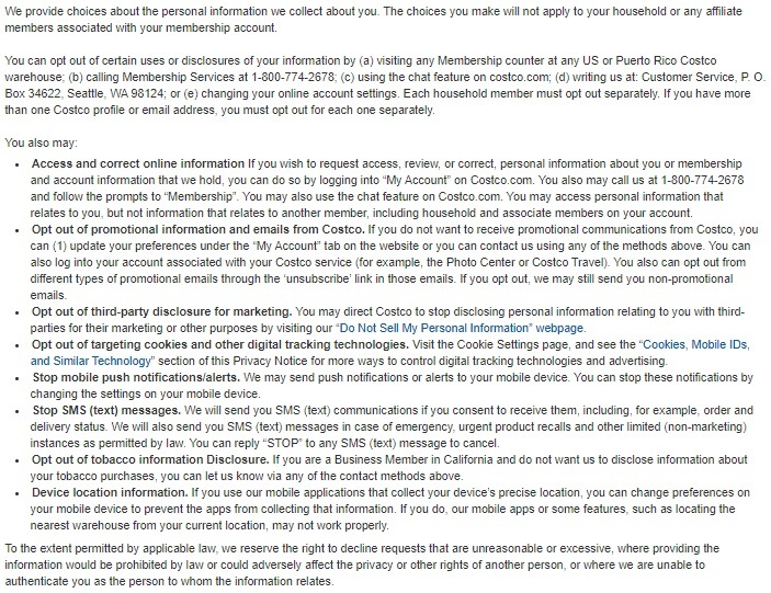 Costco Privacy Policy How to Opt out