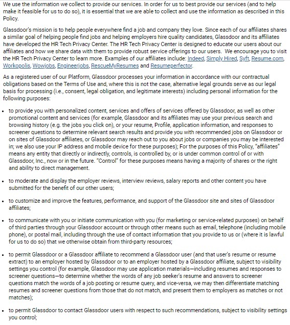 Glassdoor Privacy Policy Use of Personal Information
