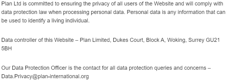 Plan International Privacy Policy Data Protection Officer clause screenshot