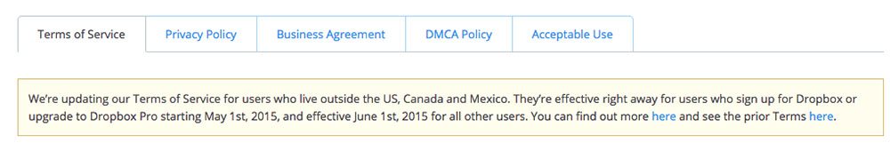 Dropbox announcement on Terms of Service