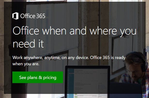 Office 365 advertising its plans and pricing