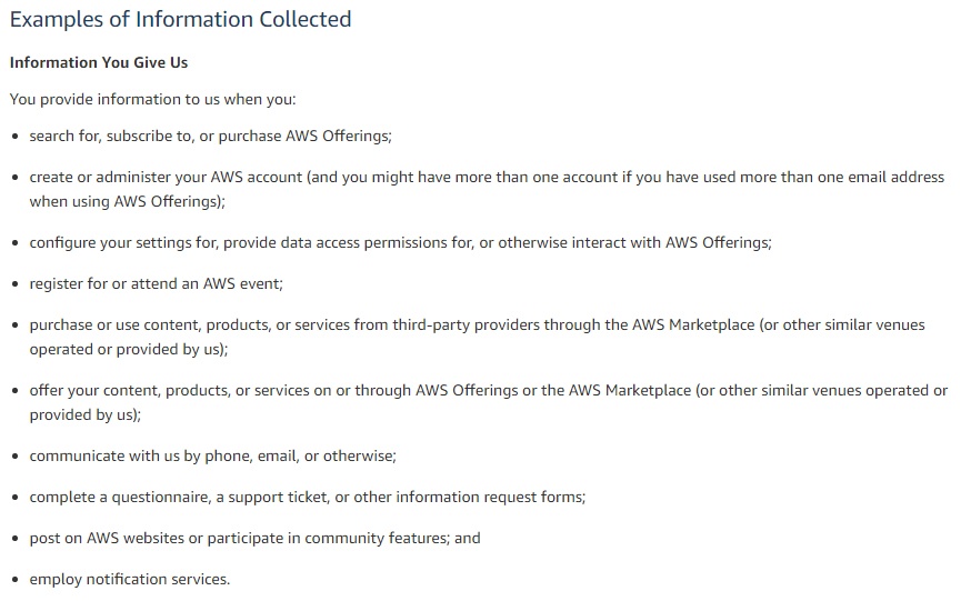 Amazon Web Services Privacy Policy: Excerpt of Examples of Information Collected list