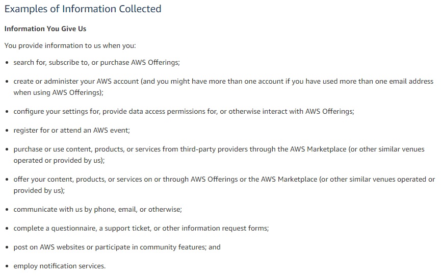 Amazon Web Services Privacy Policy: Excerpt of Examples of Information Collected list
