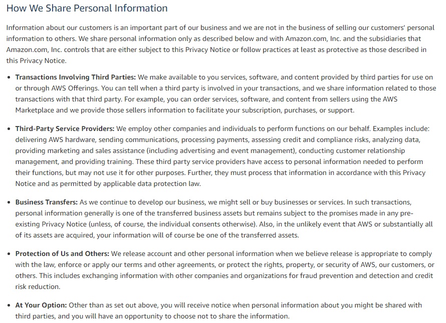 Amazon Web Services Privacy Policy: How We Share Personal Information clause