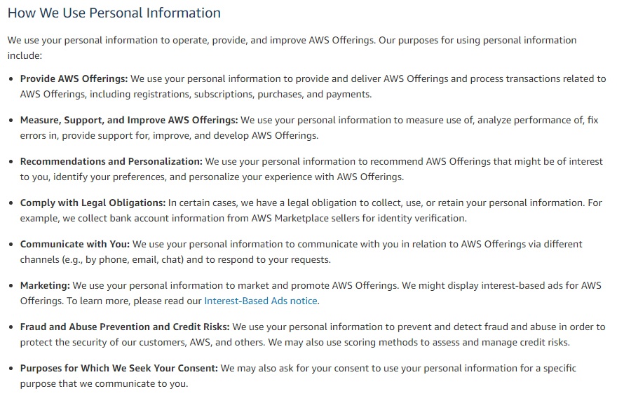 Amazon Web Services Privacy Policy: How We Use Personal Information clause
