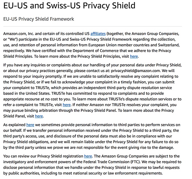 Amazon Web Services Privacy Policy: Privacy Shield clause