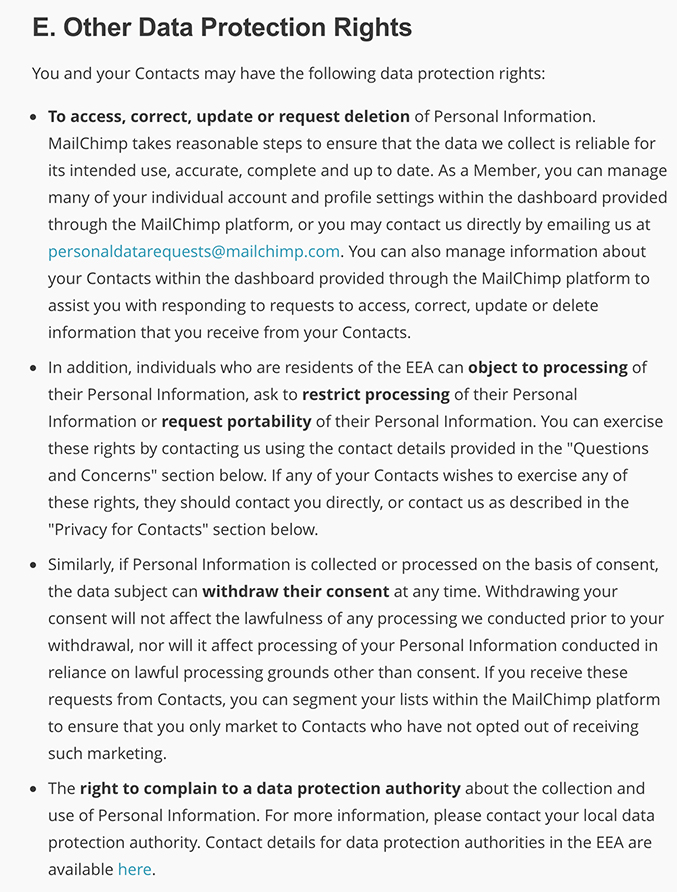 Mailchimp Privacy Policy: Other Data Protection Rights clause