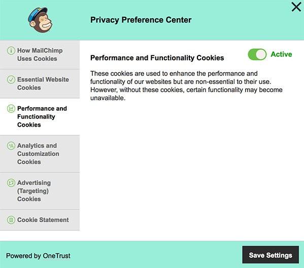 MailChimp's Privacy Preference Center with cookies settings